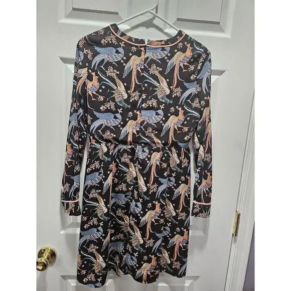 LOFT Womens 0 2 Petite Peacock Snow Bird Print Long Sleeve Dress Crew Neck - Picture 4 of 9